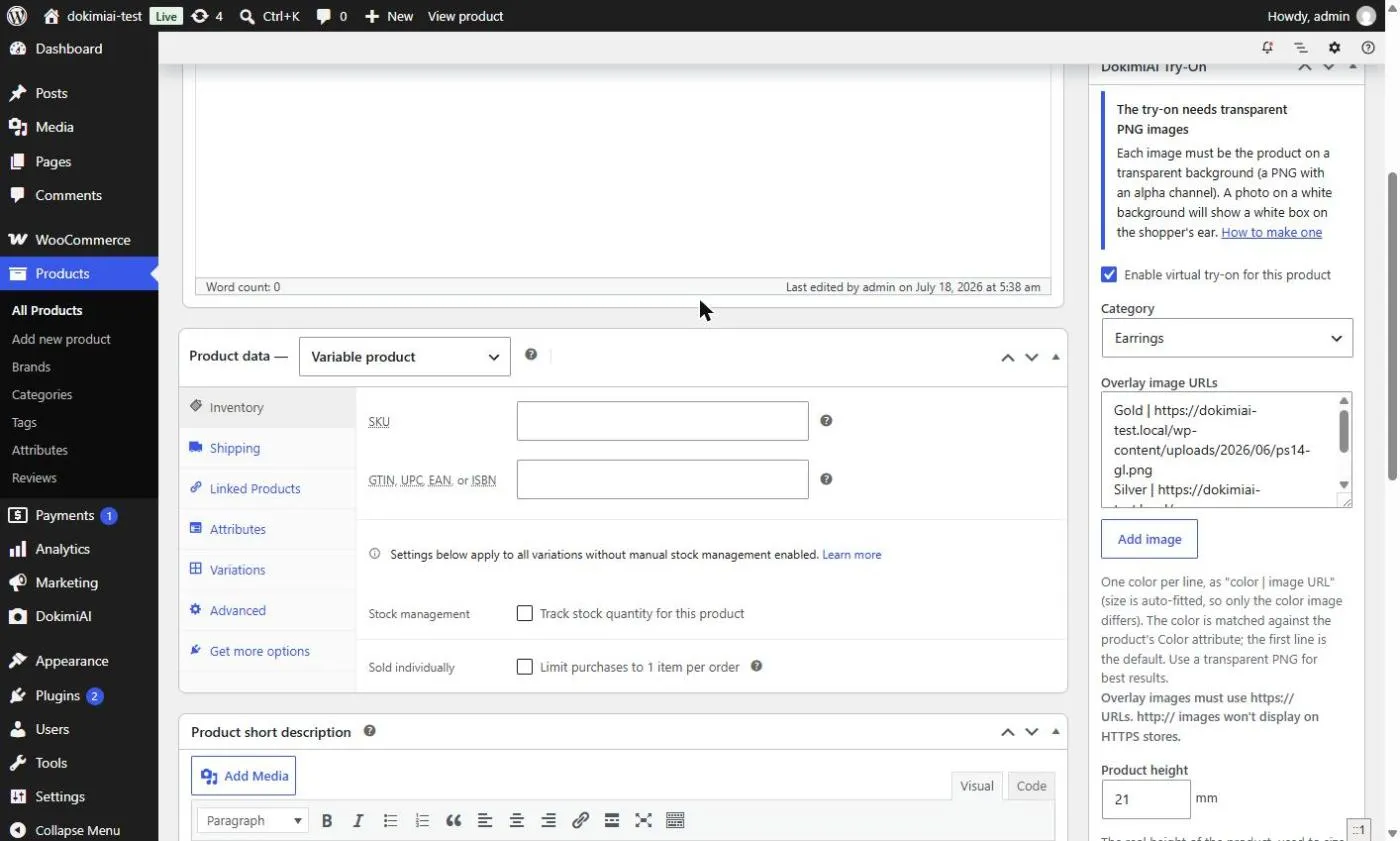 The DokimiAI Try-On box on the product edit screen: try-on enabled, a category, two colour rows and a real-world size