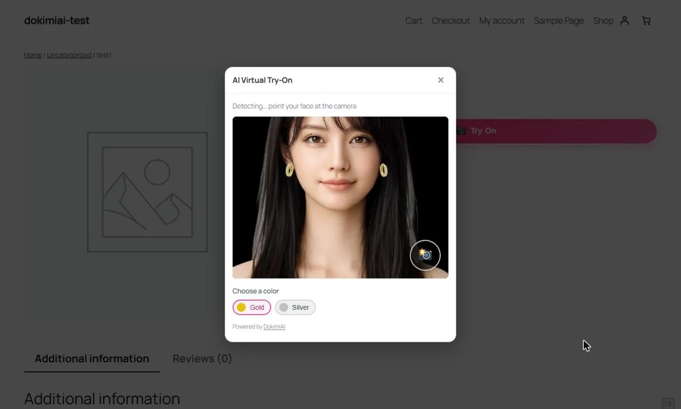 Try-on running from the button on a WooCommerce product page, with the earring on the ear