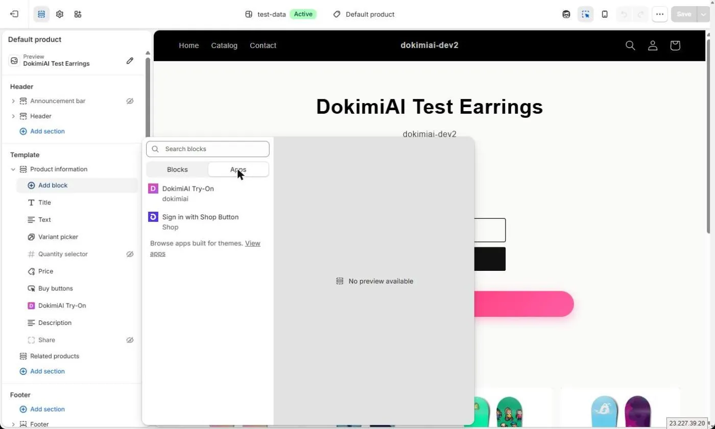 Adding the DokimiAI Try-On app block from the Apps tab in the theme editor