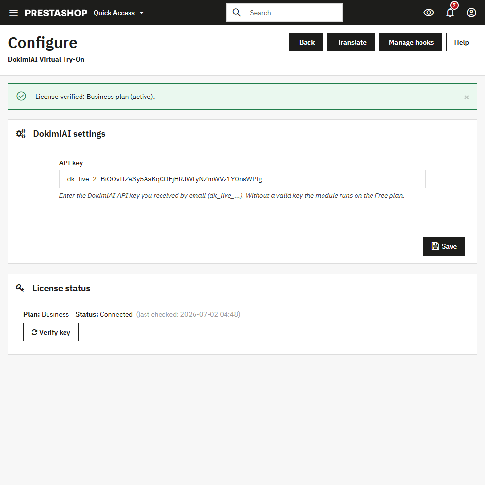 Module configuration: API key field + Verify button