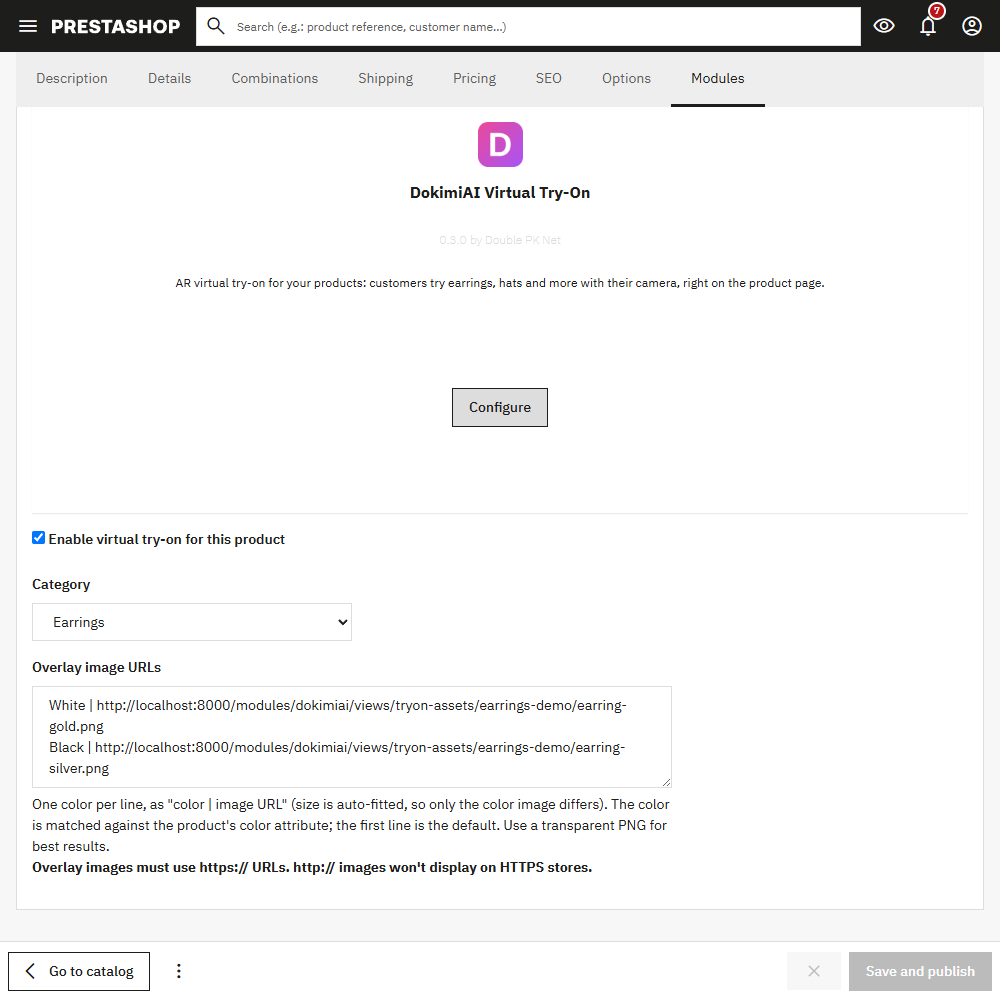 Product edit → Modules tab: enable checkbox + overlay URLs