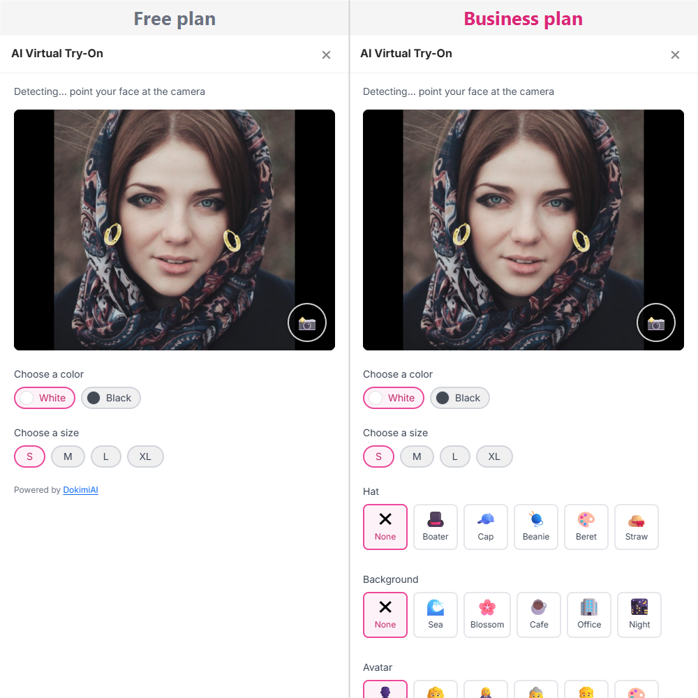 Side-by-side of the Free plan and Business plan try-on options